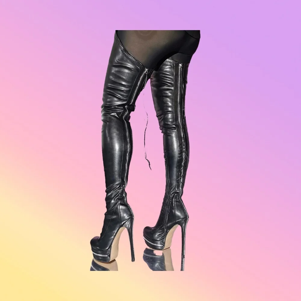 

Zipper Decor Strappy Over the Knee Boots Platform Black Matte Stiletto High Heel Fashion Sexy Hot Women Shoes 2025 Para Mujere