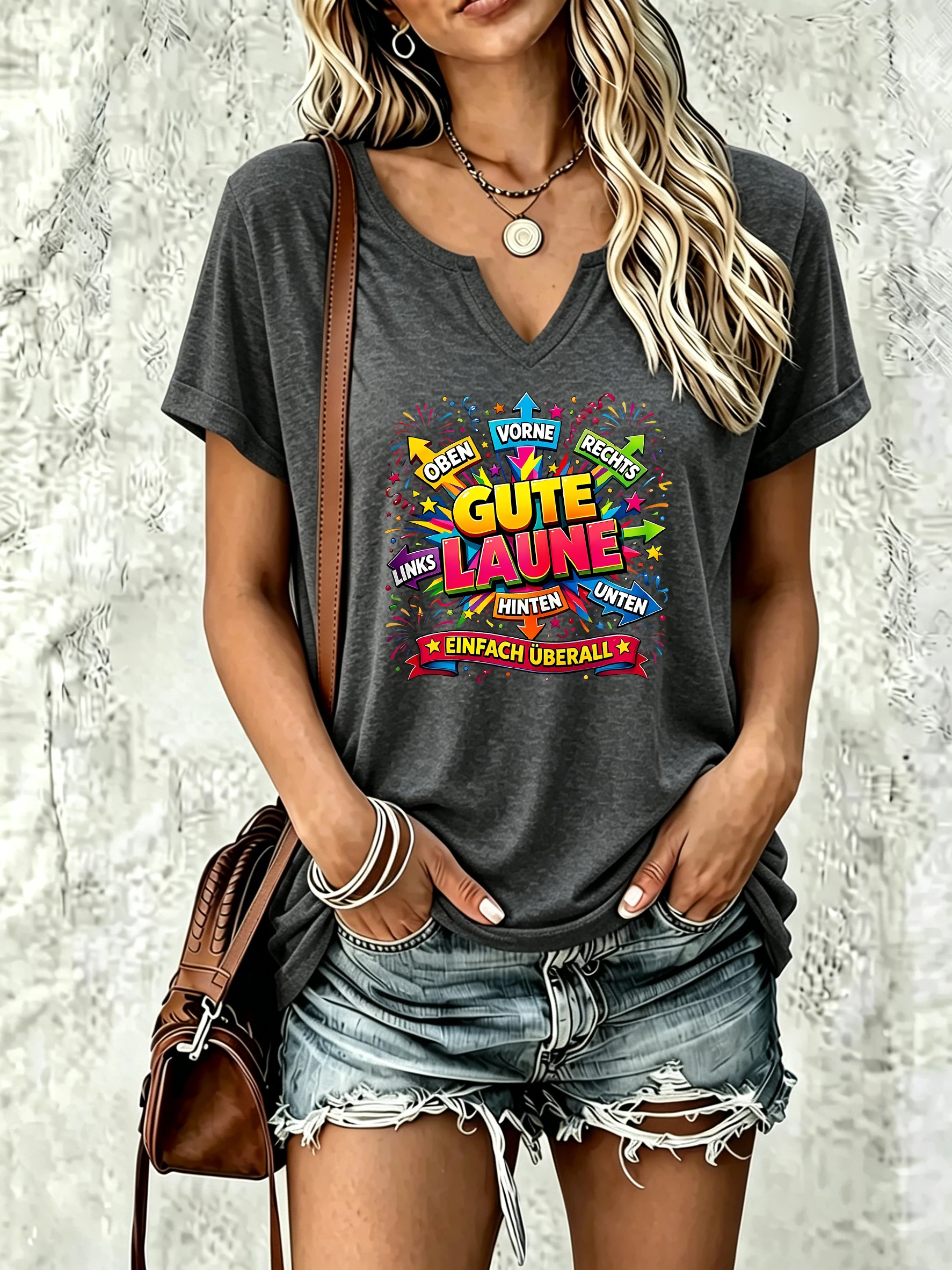 Women Notch V Neck T-Shirt, Short Sleeve Tee with Colorful German Letter, Arrow and Firework Graphic Print, Casual Summer Top