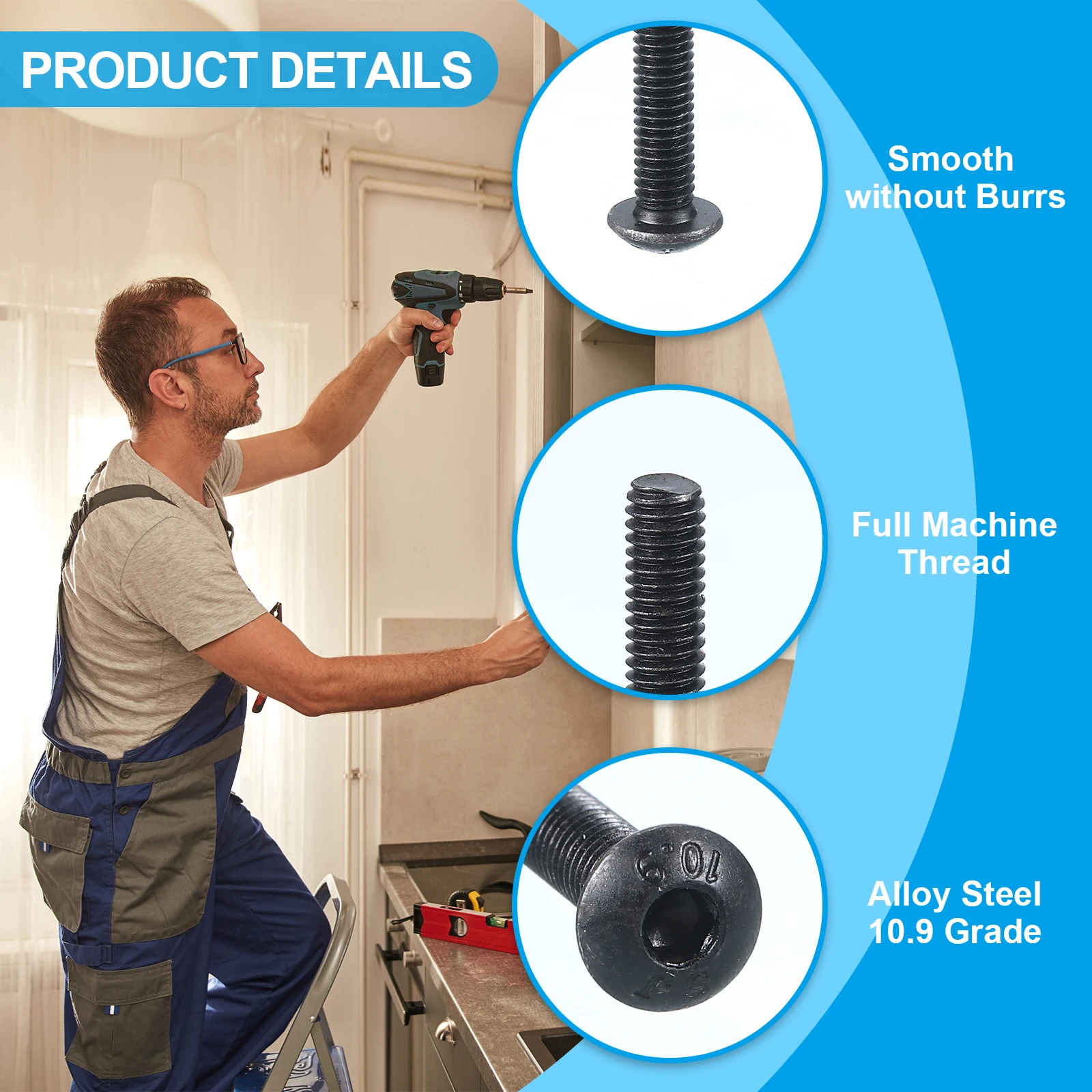 5-100pcs M2 M3 M4 M5 M6 M8 M10Button Head Socket Cap Bolts Screws 10.9 Grade Alloy Steel Hex Socket Cap Screws for Car Bike Ship