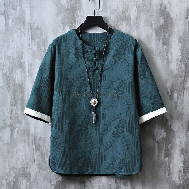 

2024 new vintage chinese style men wushu top elegant jacquard temperament button top summer daily loose kungfu training shirt