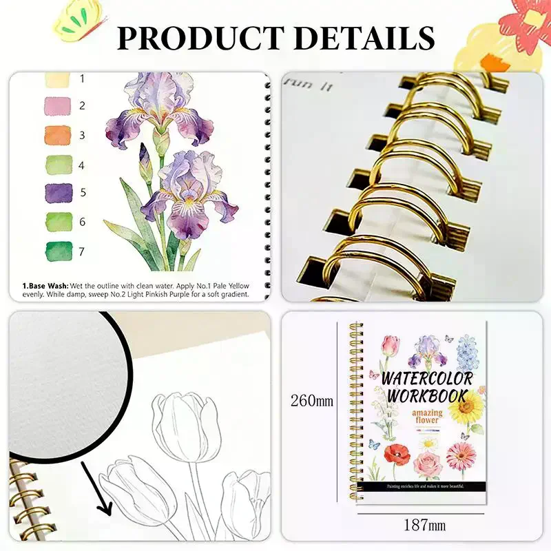 Bound Watercolor Flower Workbook Thick Paper Easy Guides For Beginners Daily Art Practice Spiral