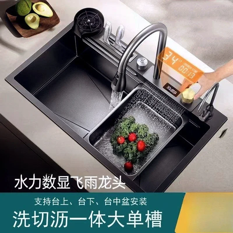Super thick 5.0 honeycomb embossed shark flying rain digital display sink stainless steel kitchen large single slot household ve
