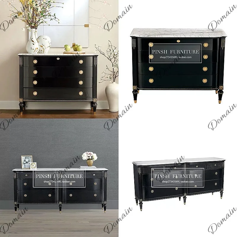 European Luxury Solid Wood Carved 4-Drawer Entryway Cabinet Marble Top Storage Buffet