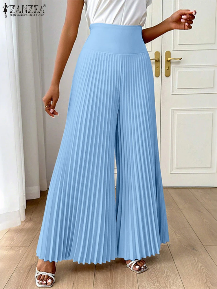 

ZANZEA элегантные женские офисные женские широкие брюки модные летние брюки на молнии однотонные плиссированные повседневные брюки большого размера