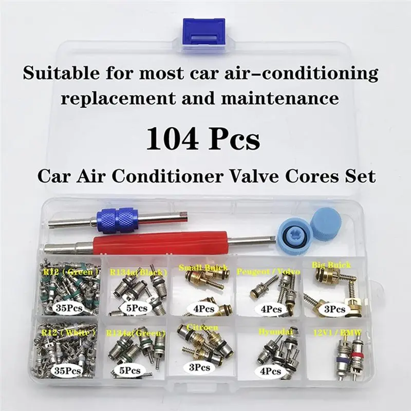 ABLG 104Pcs Car Air Conditioner Valve Cores Assortment A/C AC Shrader Valve Core & Tool R134 R12 HVAC Valves Kit