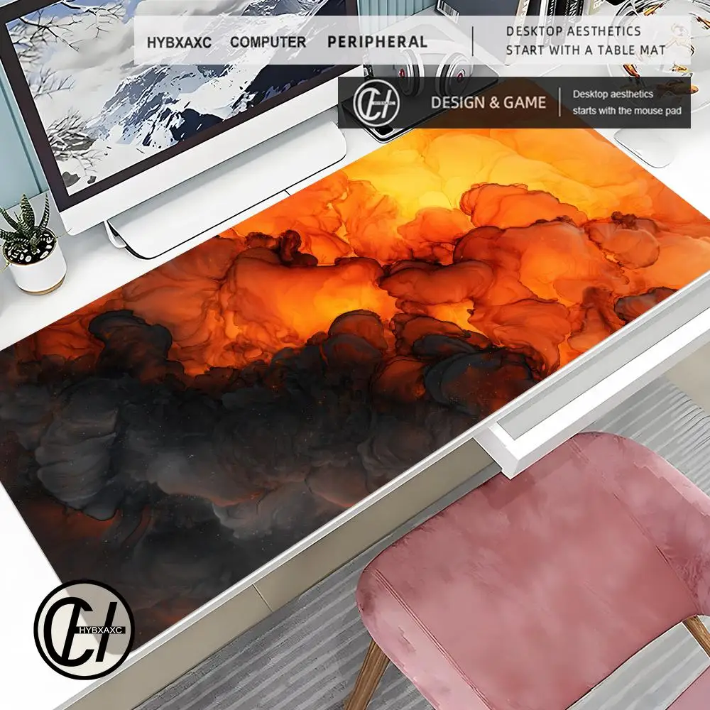 80x30 Abstract Cloud Desk Mat Large Ink Golden Orange Sparks Gaming Mouse Pad Non-Slip Rubber Base Stitched Edge Deskpad