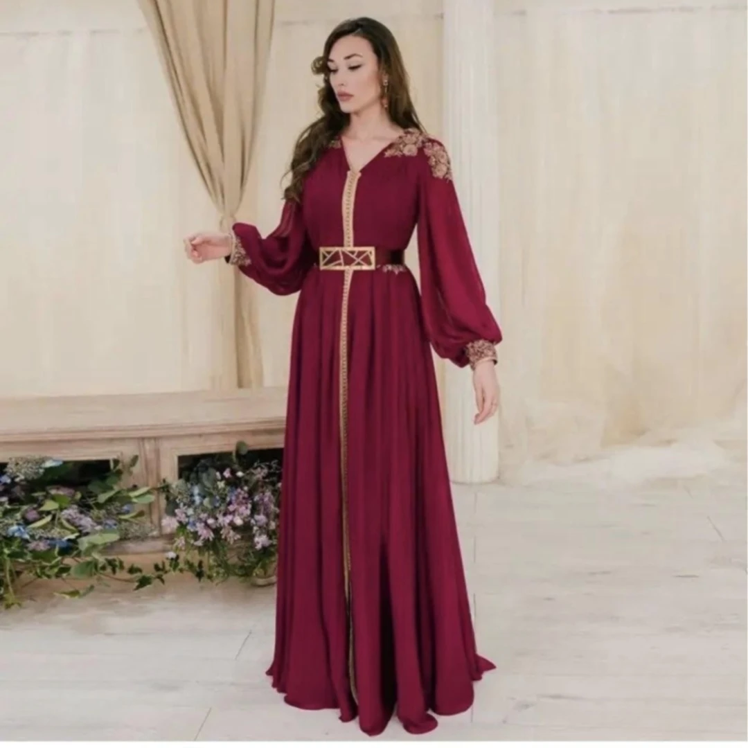 

Santorini Little V Neck Dubai Women Wear Evening Dresses with Sash Applique Long Sleeves Prom Party A Line Wedding Guest Gowns