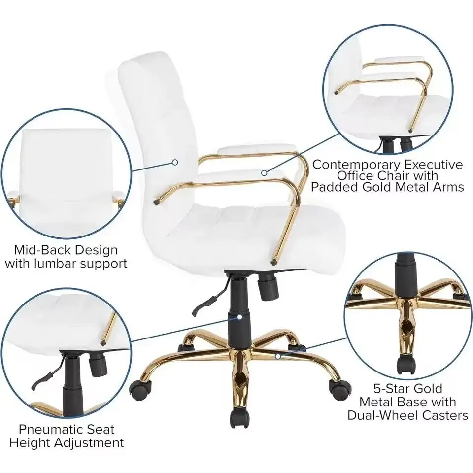 Computer Office Chair Cover Mid-Back Desk Chair - White LeatherSoft Swivel Office Chair With Gold Frame Furniture