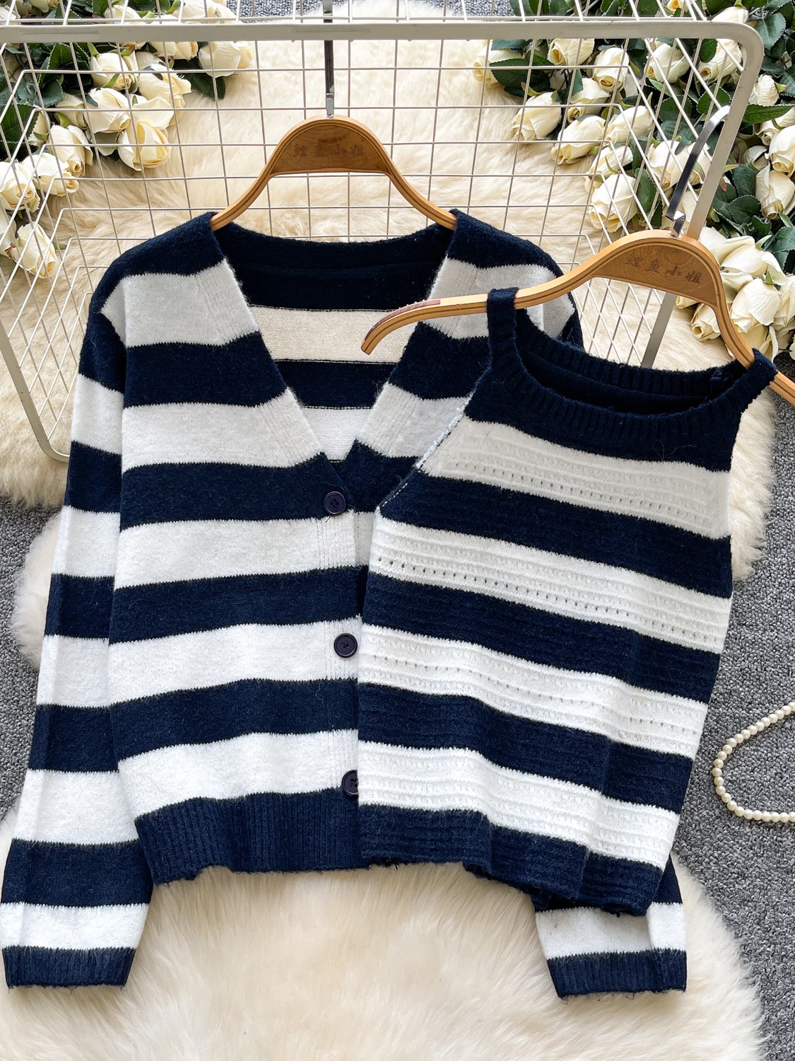 

Корейский женский модный комплект в полоску, вязаный жилет и кардиган, верхняя одежда, осенний сезон, повседневная одежда