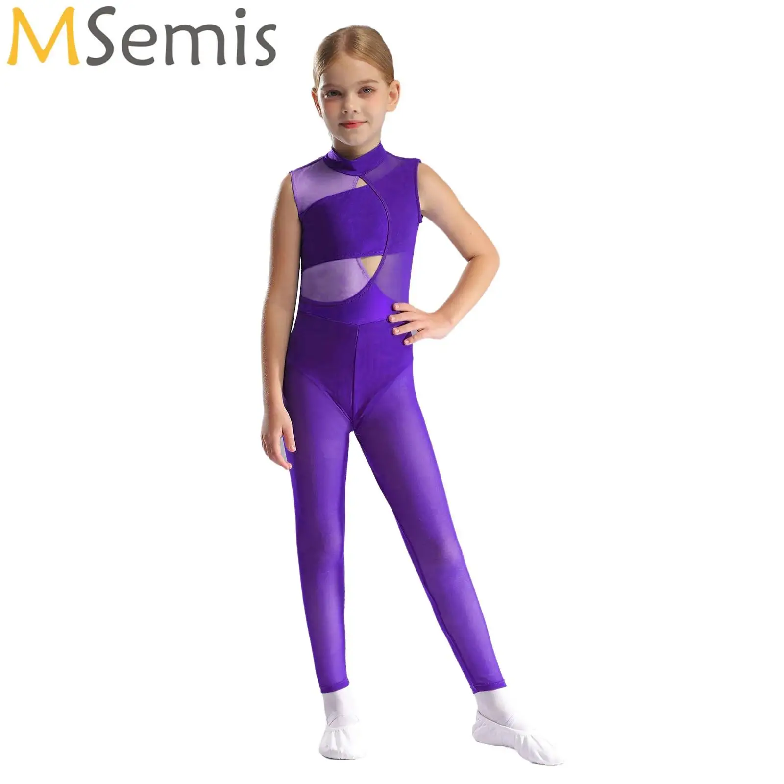 Rhythmic Gymnastics Jumpsuit Girls Color Block Patchwork Mesh Full Length Bodysuit for Ballet Acrobatics Yoga Workout Jersey