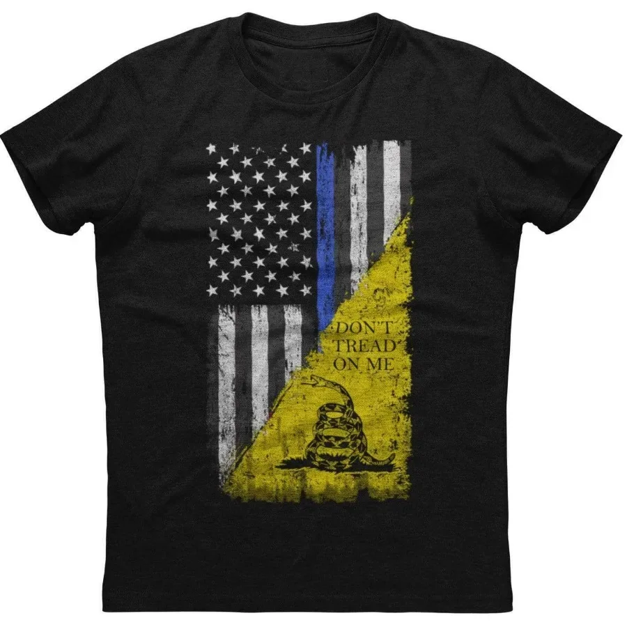 Don't Tread on Me Thin Blue Line American Rattlesnake Flag Patriotic T-Shirt. Summer Cotton O-Neck Short Sleeve Mens T Shirt New