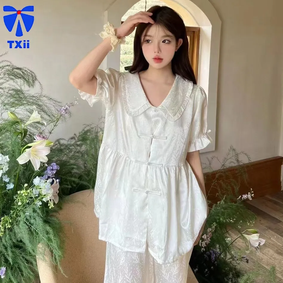 

TXii Newlook Button Ice Silk Jacquard Pajamas Short-sleeved Trousers Shorts suit Summer Sweet Home Clothes for Women