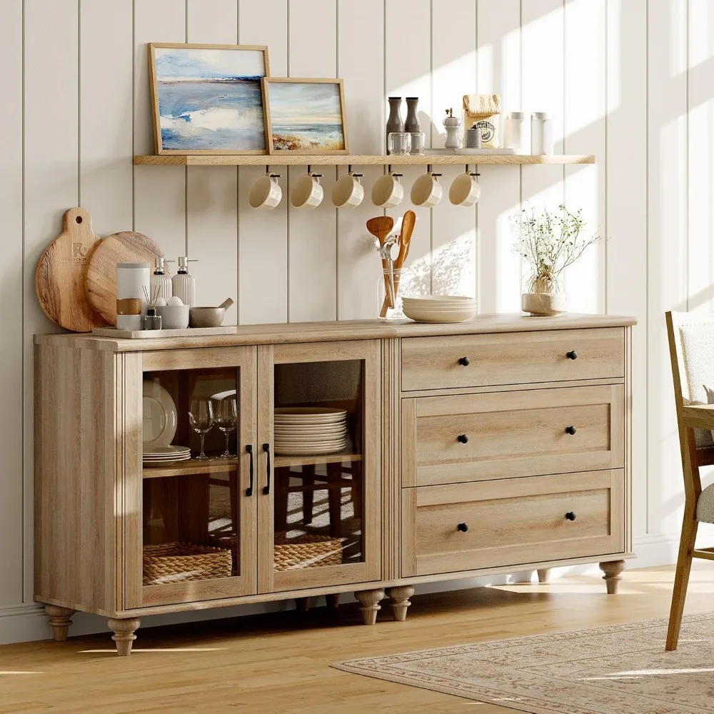 Sideboard Buffet Cabinets with Glass Door, 2-in-1 Kitchen Storage Cabinets, Wood Coffee Bar Tables with Adjustable Shelf