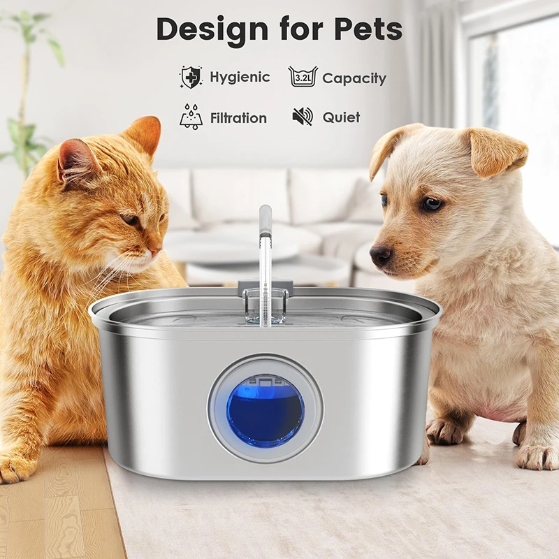 Cat Water Fountain Stainless Steel, 3.2L/108oz Automatic Dog Fountain Bowl with Water Level Window, Super Quiet for Pet Drinking