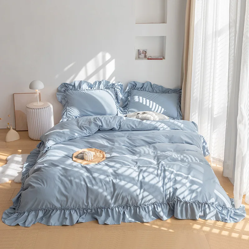 

Washed Cotton Princess Style Ruffle Bed Skirt Duvet Cover Set Beddings Sheets Pillowcases Breathable Bed Linen Queen Bedding Set