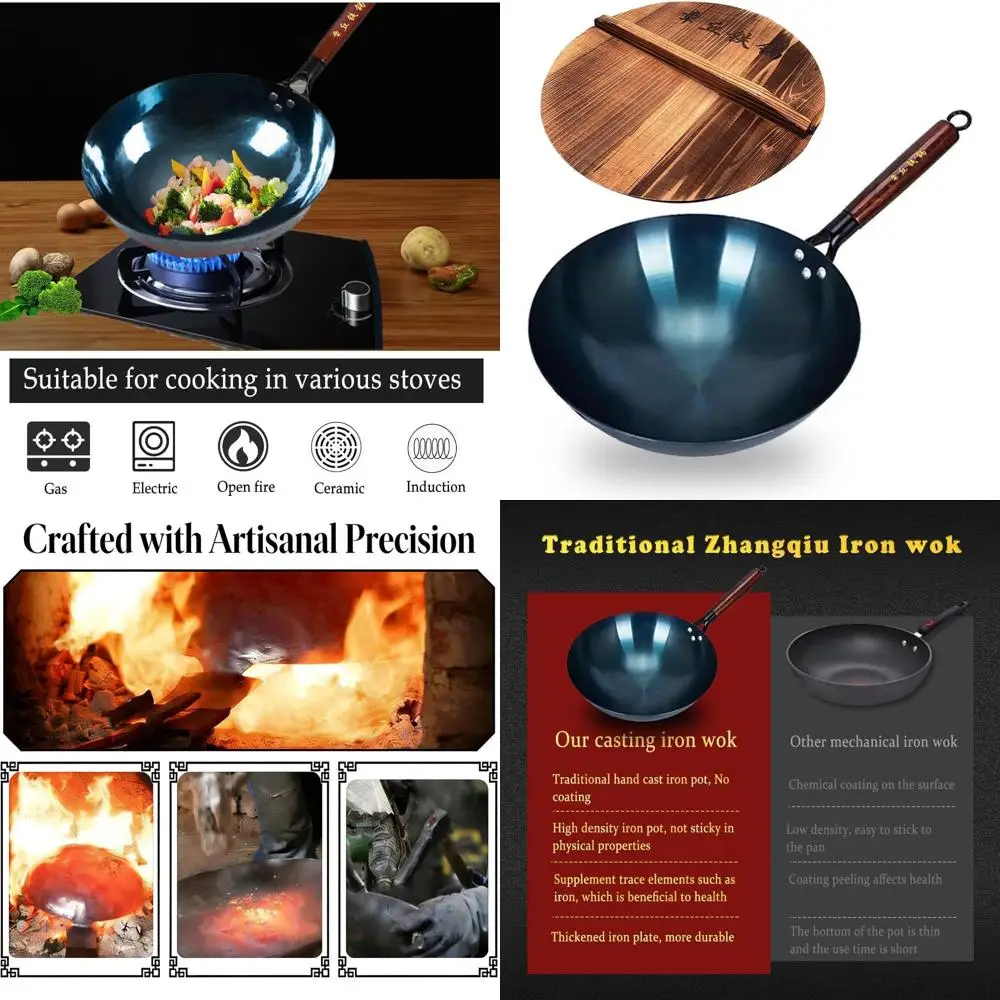 

14 Inch Chinese Hand Hammered Iron Wok and Stir ry Pans with Wooden Handle and Lid Round Bottom Wok Pan Non-stick No Coating Ide