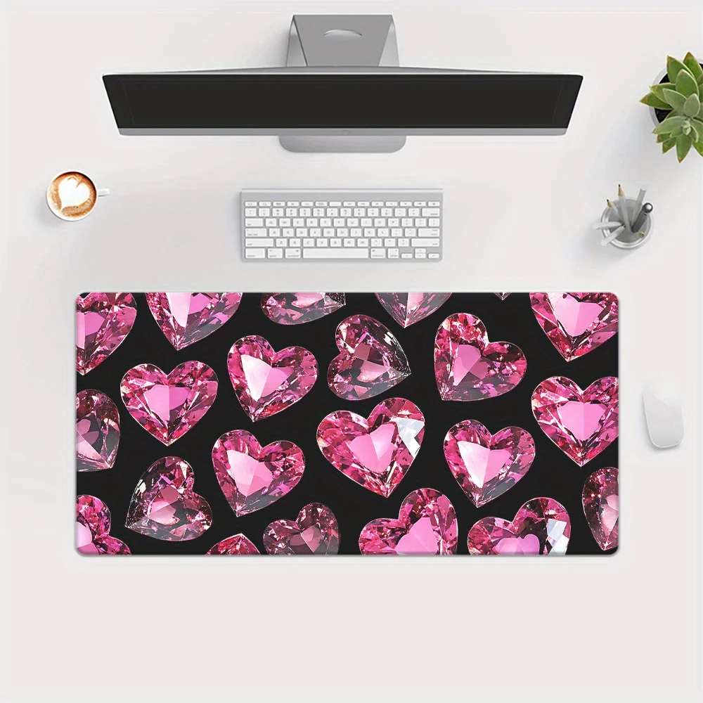 Pink Diamond Gemstone Heart Large Gaming Mouse Pad Non-Slip Rubber Desk Mat for Office PC Laptop