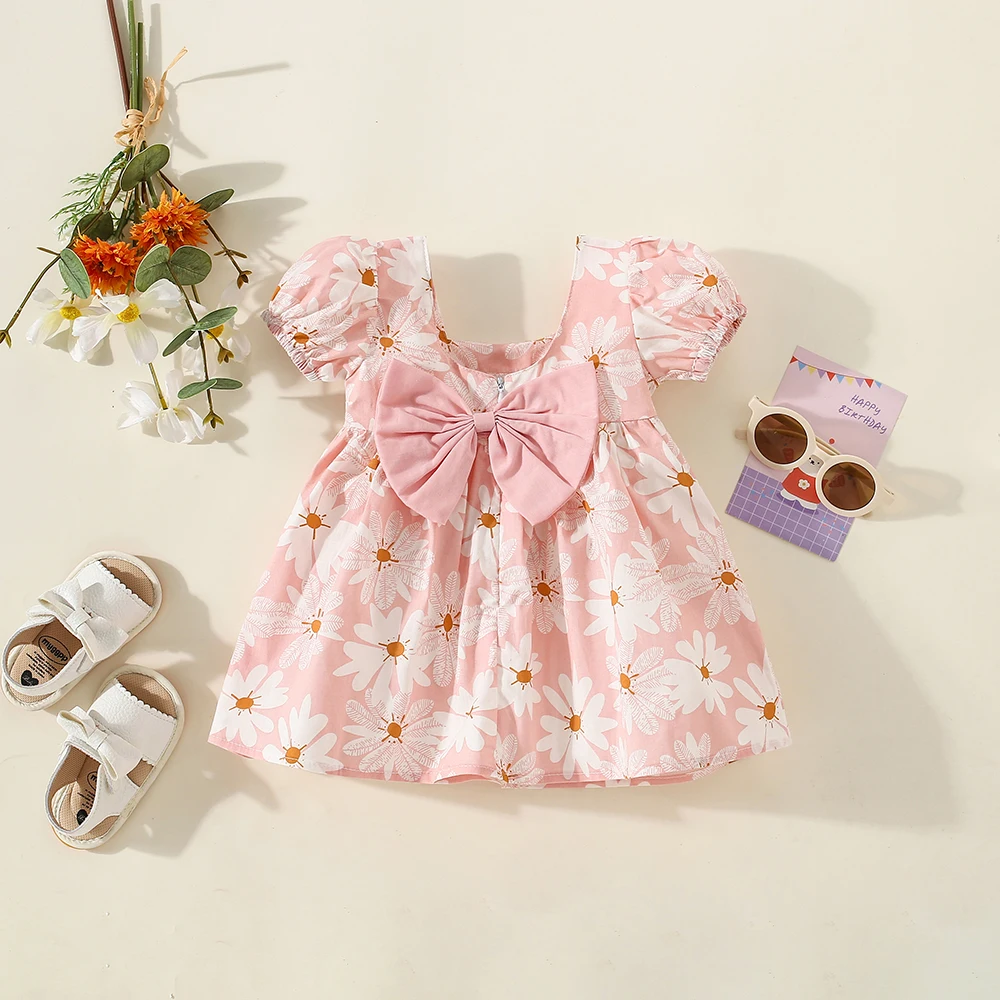 Summer Baby Girl Dress Fresh Flower Printed Dress Bow Cute Baby Girl Short Sleeved Beach Dress (0-3 Years Old)