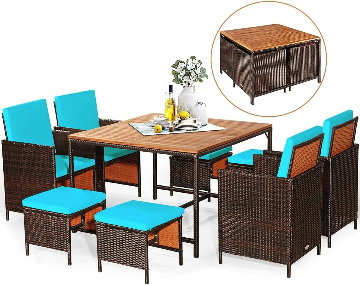 

9-PCS Outdoor Dining Set -Patio Wicker Furniture Set w/Acacia Wood Tabletop, Soft Seat & Back Cushions, Dining Table & Chair Set