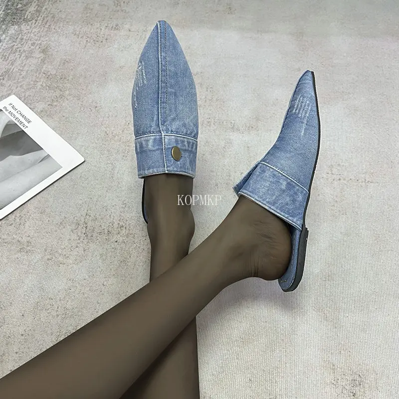 Fashion Denim Women Sandals Summer 2023 Low Heels Sandalias Sexy Pointed Toe Strap Slip-On Elegant Female Shoes Chaussure Femme