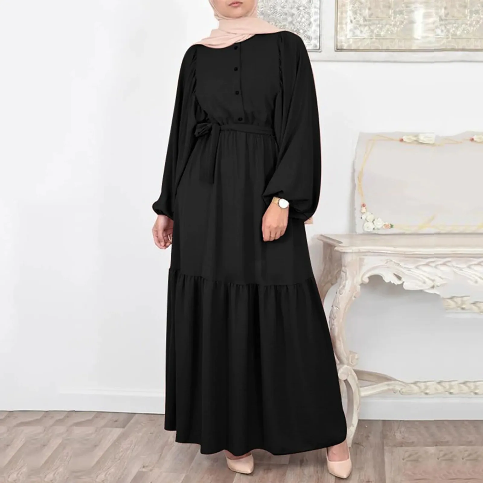 

Solid Color Women's Hijab Dress Puff Sleeve O Neck Maxi Muslim Dress With Belt Pakistani Dubai Prayer Clothes Ramadan Dress