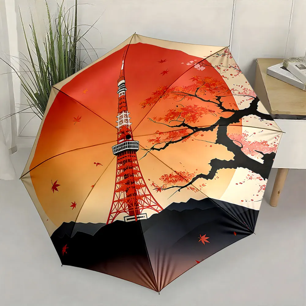 1PC Umbrella with Tokyo Tower Design in Autumn Scene Print 8 Iron Ribs Folding Umbrella Auto-Open Fashion Sunshade
