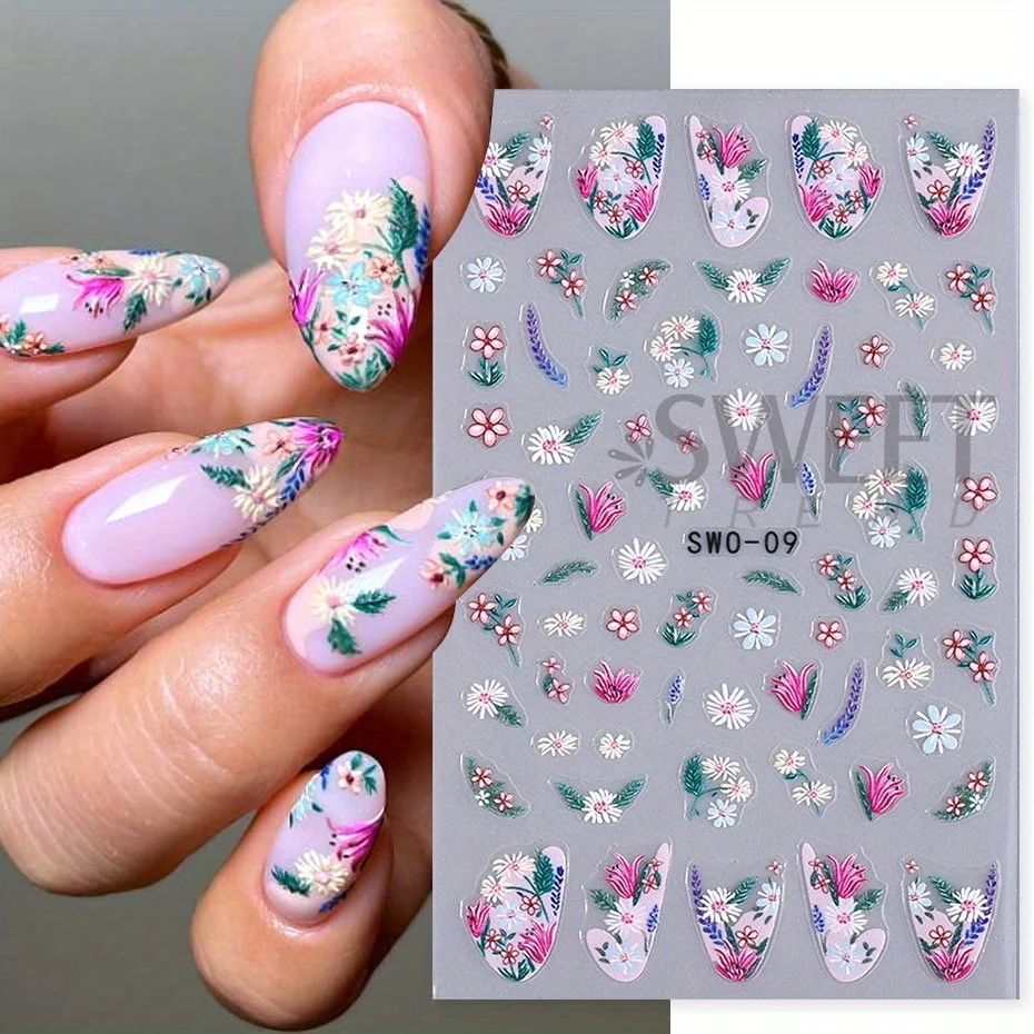 Summer Blueberry Nail Stickers Simple Flowers Leaves Design Adhesive Decals Heart Sweet Fruit French Charm Foils Manicure Wraps