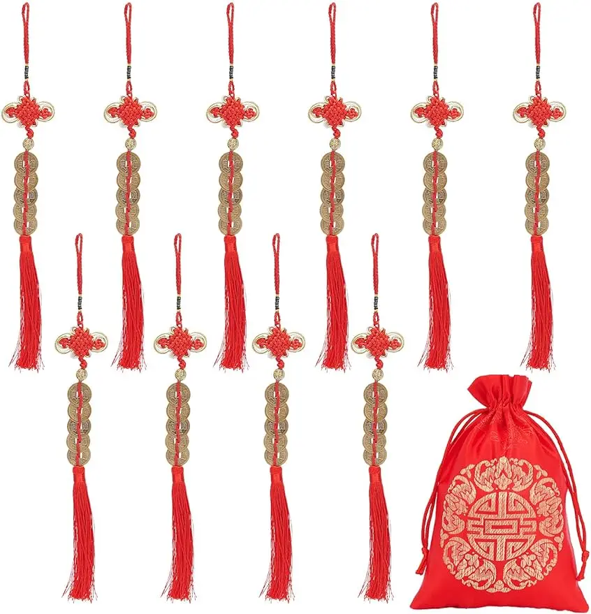 

10Pcs Chinese Knot Lucky Coins Five Emperor Money Red Chinese Knot Lucky Coins with 1 Pc Red Blessing Bag