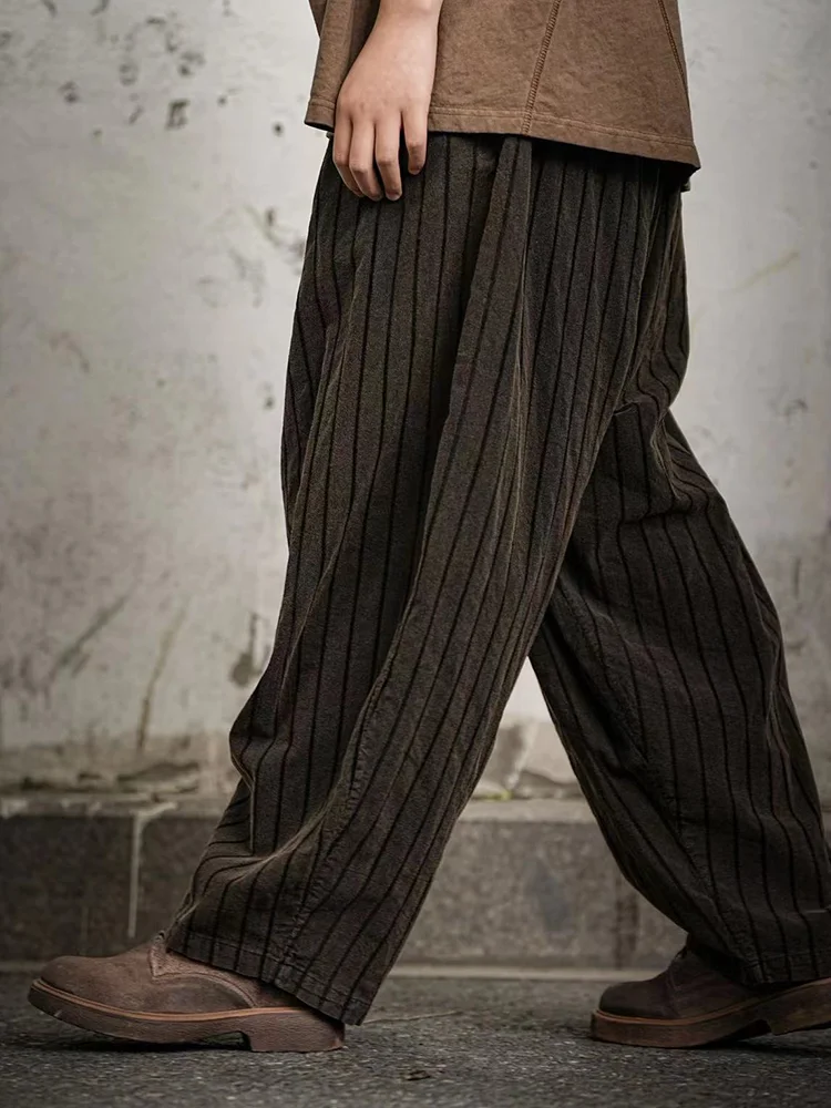 Cotton and Linen Vertical Stripes Jacquard Distressed Elastic Waist Casual Pants Men and Women