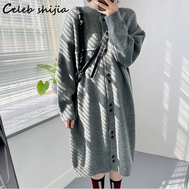 Khaki Oversized Knitted Dress Women Single-breasted Autumn Winter Long Sweater Dresses Female Korean Soft Knitwear Fall