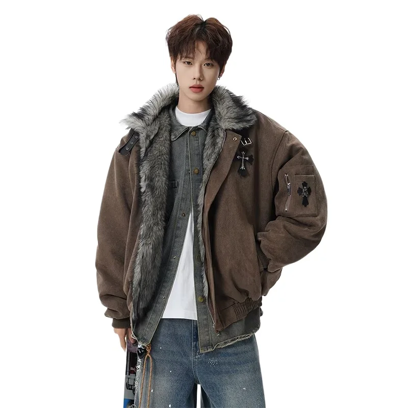 

Thick and Warm Men's Jacket Retro Cotton with Fur Collar Men's Loose Stitching Autumn Winter Coat Street Sle Polyester Fabric