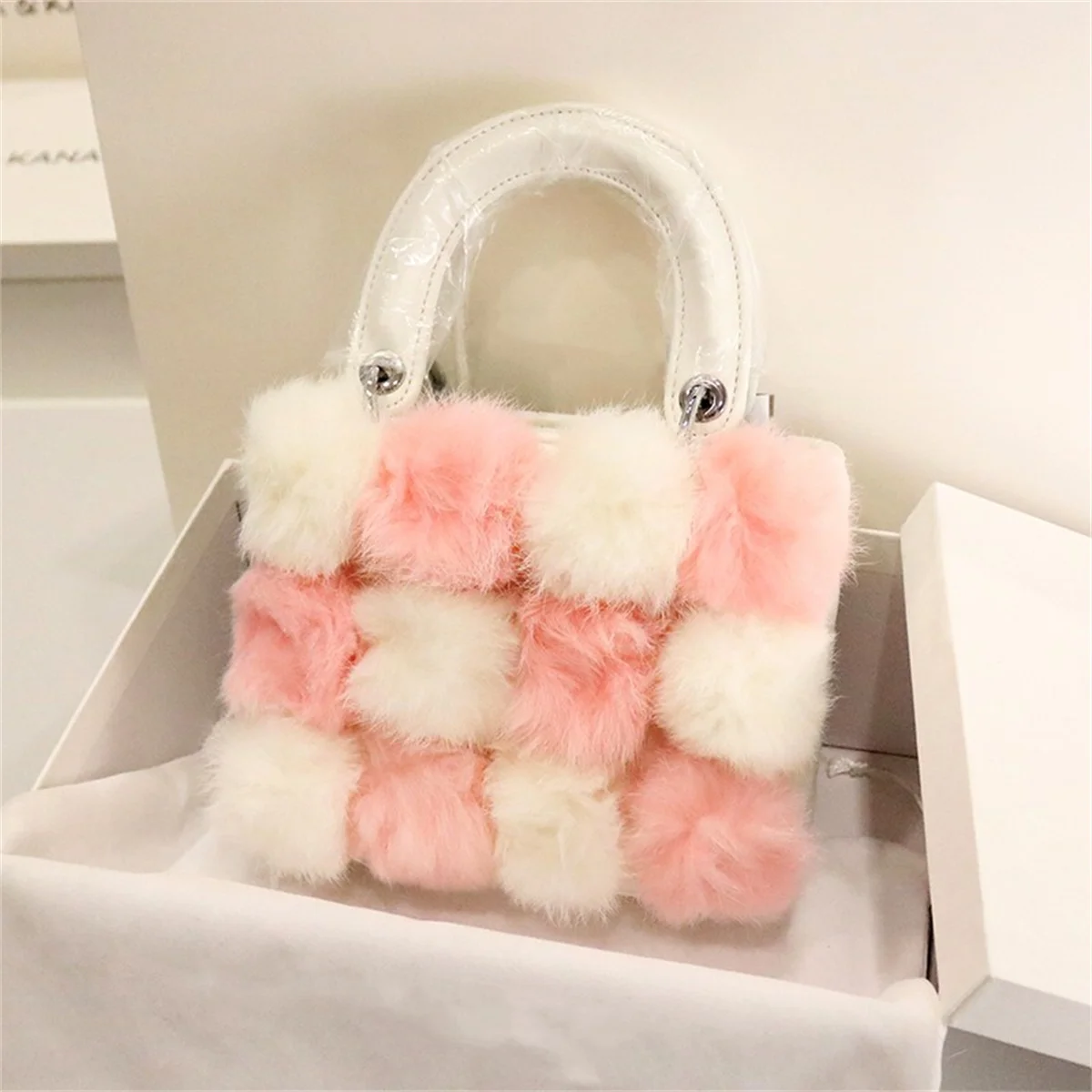 

Sweet Lolita Cute Girls Bag Rabbit Hair Hairball Color Matching Diamond Square Magnets Button PU Handbag Shoulder Crossbody Bag