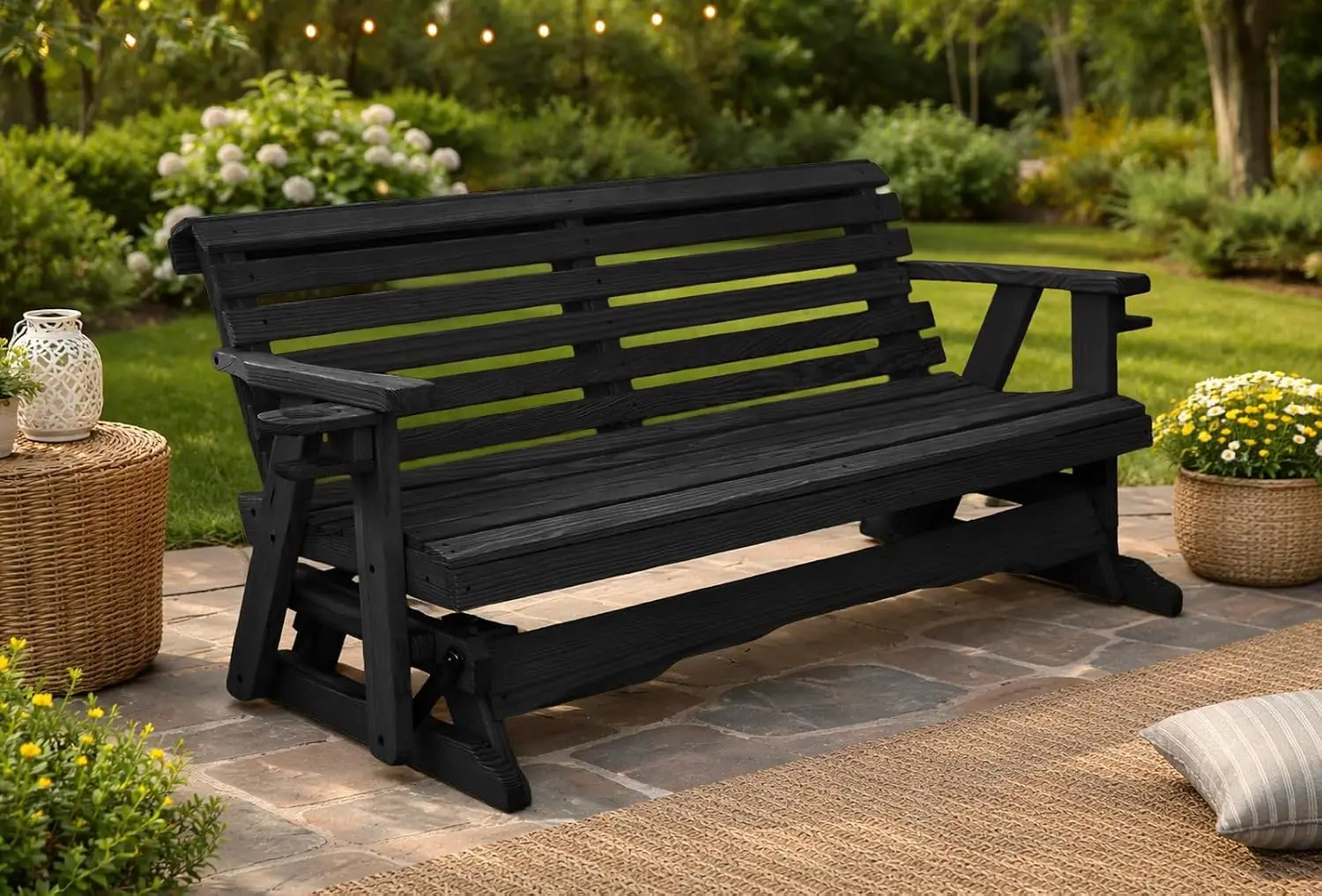 5 FT Pine Wood Porch Glider Bench Cupholders 3 Person Smooth Balanced Glide Patio Outdoor Seating 60 Inch, Customized