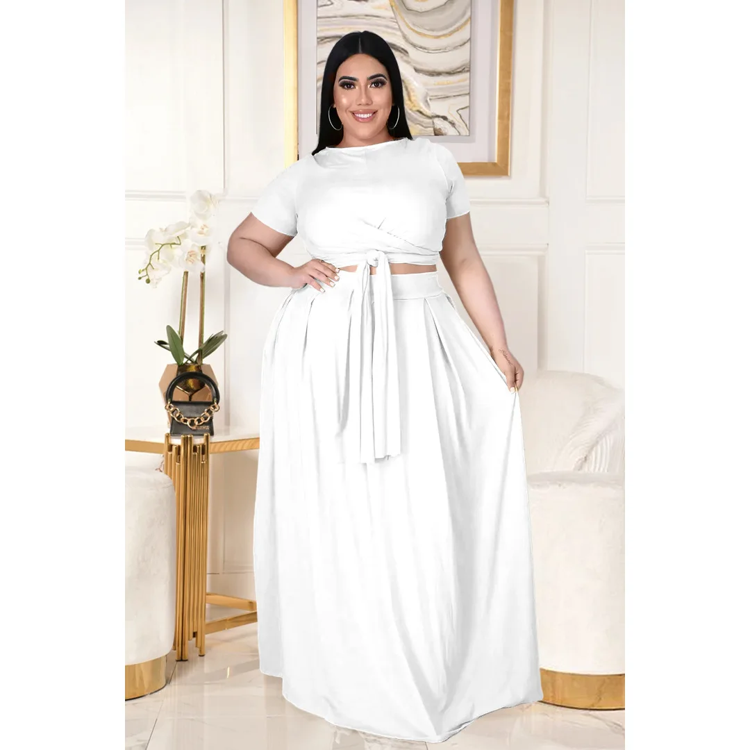 Plus Size O-neck Lace-up Cross Tie Large Swing Long Skirt 2-piece Set Crop Top Casual Elegant Suits Women Solid Party Clothing