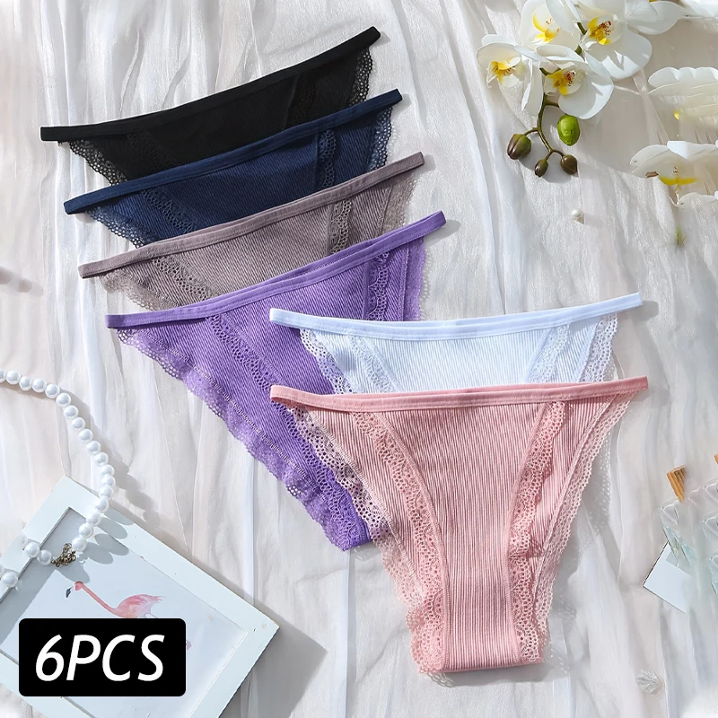 6PCS Women Cotton Lace Panties Low Rise Sexy Lingerie Ribbed Cotton Briefs Female Soft Underwear Breathable Intimates Underpants