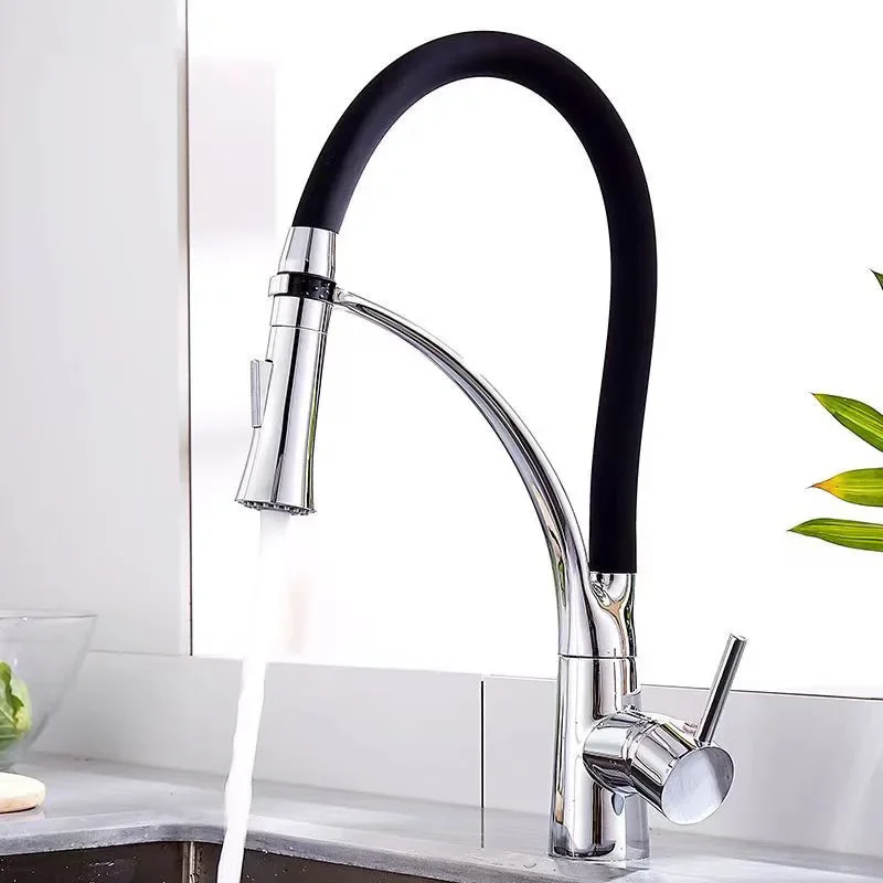Rotation Pull Down Stream Sprayer Taps Hot Cold Water Tap One Handle Kitchen Tap Brushed Nickel Rubber Kitchen Faucet Mixer Tap