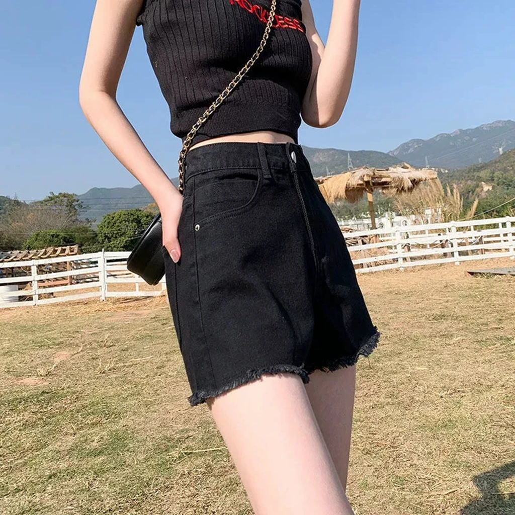 2026 Summer Women Ripped Washed Hight Waist Denim Type A Loose Pants Short Bermuda Pant Casual Tassel Tight Stitch Street Pants