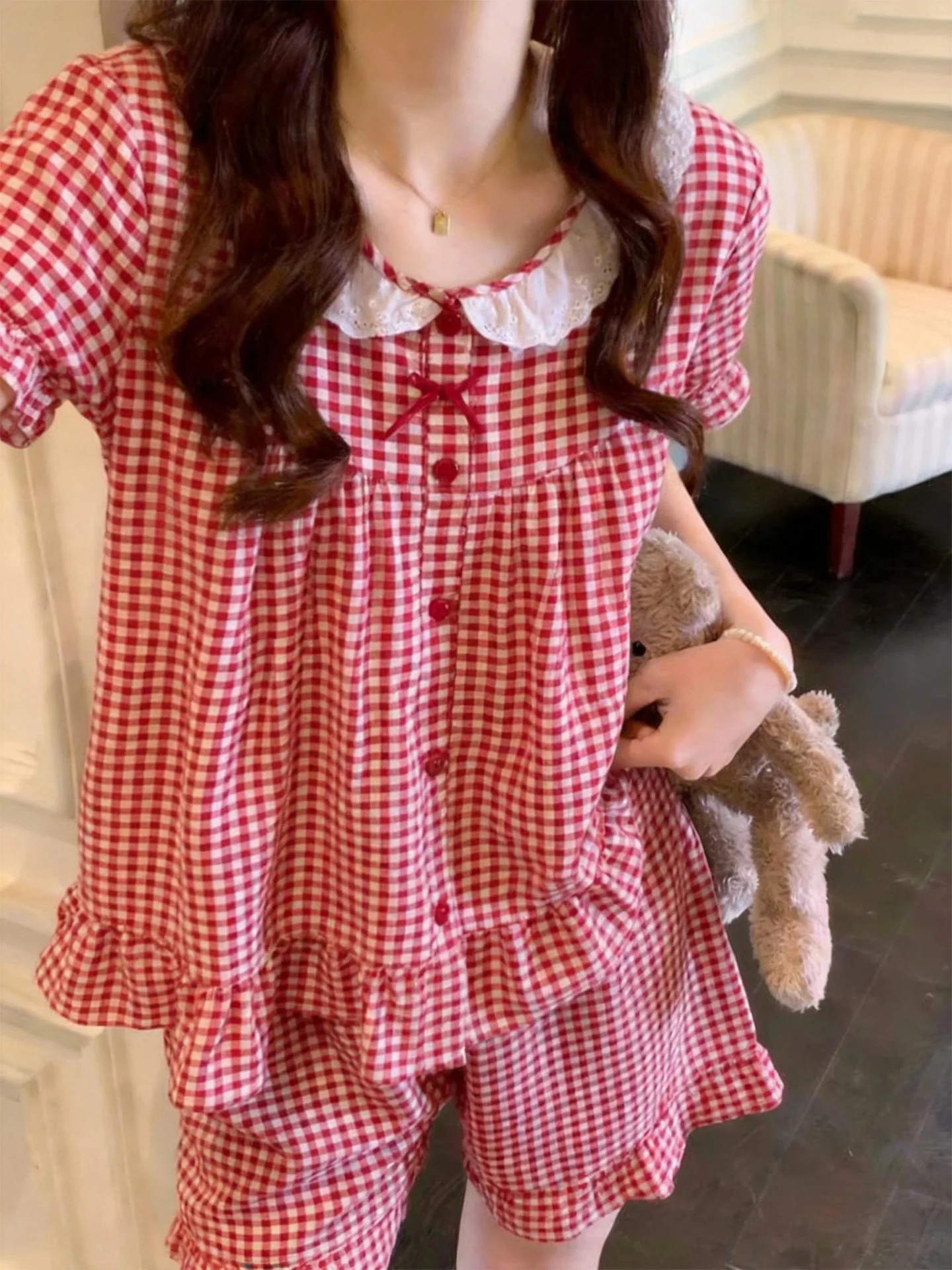 sweet-plaid-cotton-silk-sleepwear-short-sleeve-women's-summer-home-clothes-outwear-suitable-for-youth-casual-comfortable