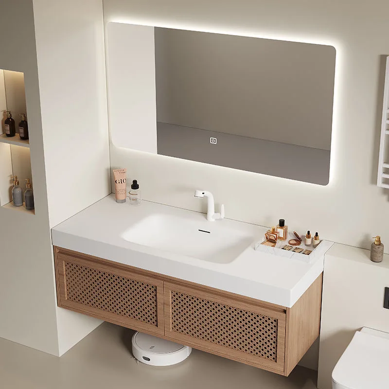 Corina Integrated Basin Vintage Rattan Woven Bathroom Cabinet Combo For Bathroom Natural Wood Style Washbasin Sink