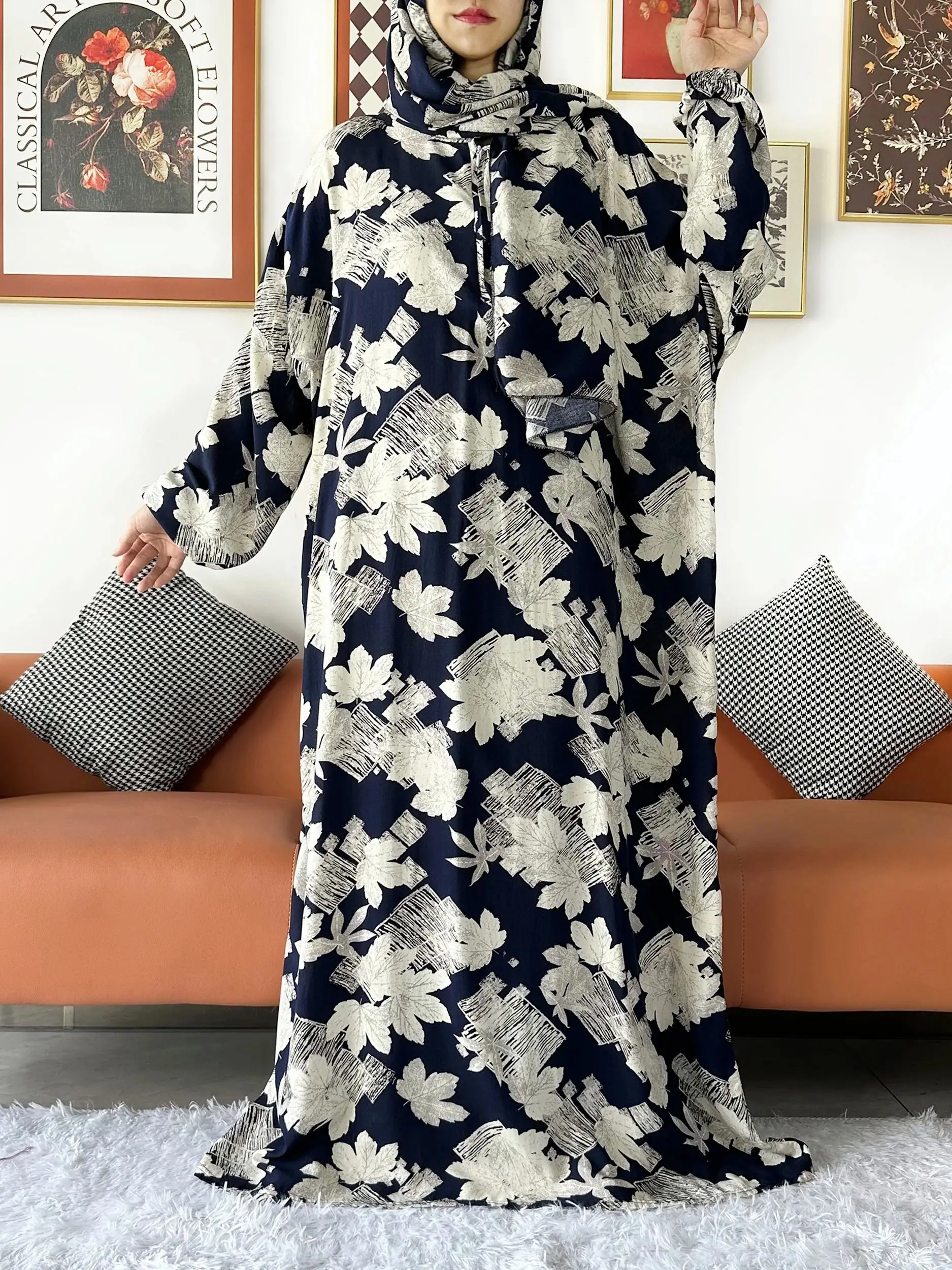 Abaya algodão floral muçulmano para senhora, vestuário de oração Ramadan, roupão feminino do Oriente Médio, vestido africano solto, Turban Joint, Dubai, Turquia, 2024