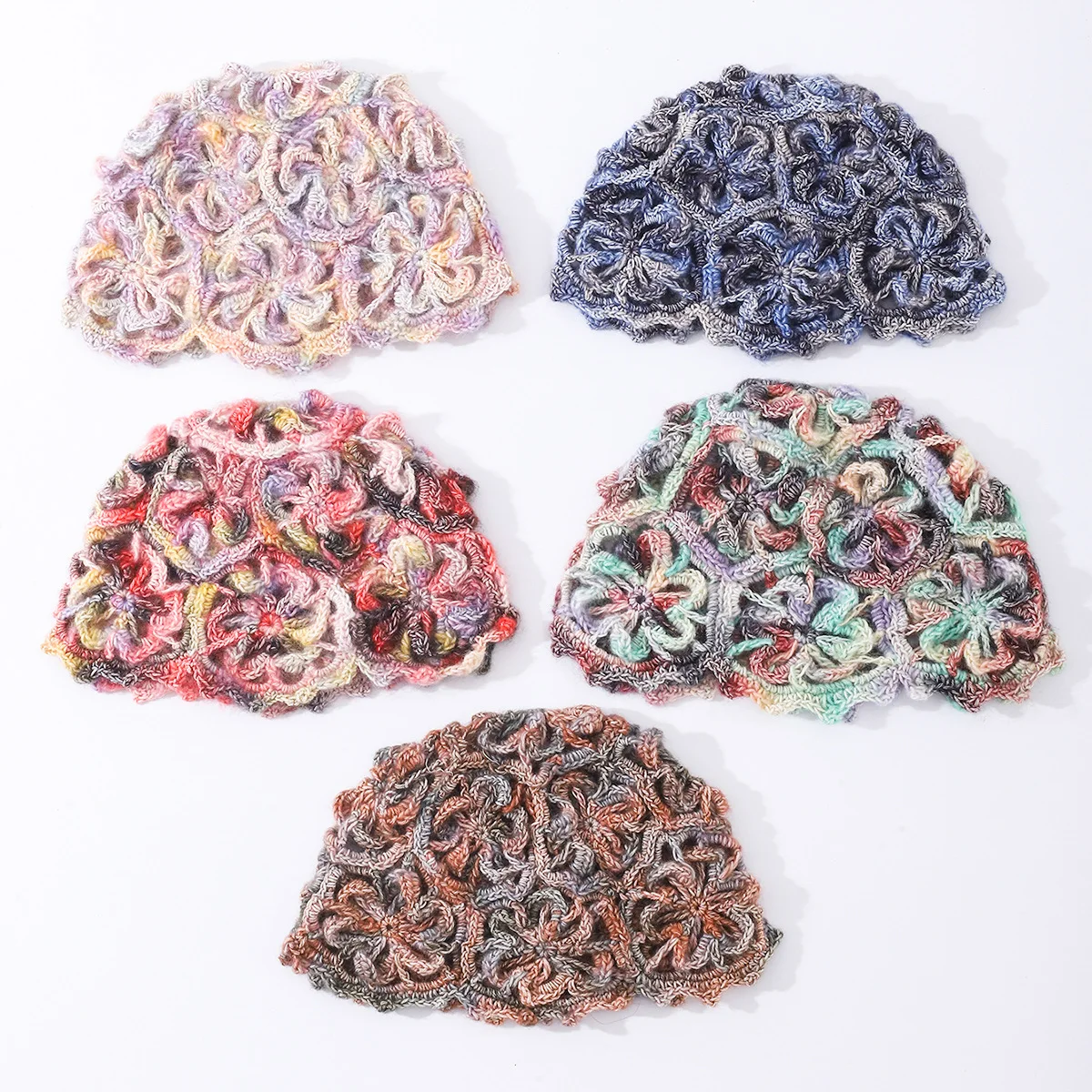 Women Hand Crochet Openwork Bucket Hat Gradient Texture Hollow Out Breathable Beanie Elegant Artistic Fresh Casual Headwear