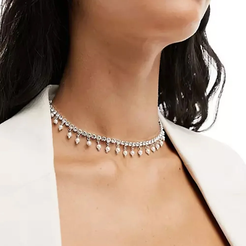 

Stonefans Ins Fashion Rhinestone Pearl Necklace Choker for Women 2024 Clavicle Chain Necklace Imitation Pearl Pendant Jewelry