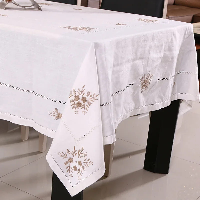 New White Delicate Hemstitch Embroidery Tablecloth Elegant Embroidered Table Cloth Overlays Home Decor Towel Textiles