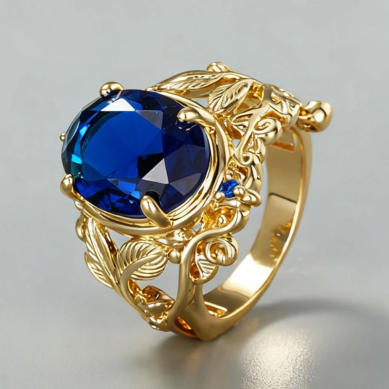 Huitan Kreative blaue Zirkonia-Ringe für Damen, stilvolles, edles Blatt-Design, Verlobungsschmuck, modische Accessoires mit Temperament