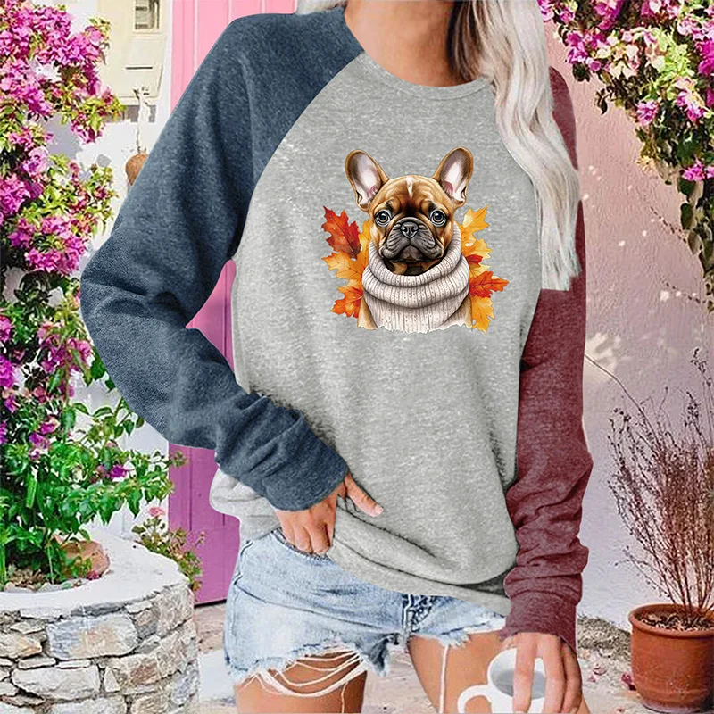 Women's Long Sleeved T-shirt Color Blocking Round Neck Dog Print Elastic T-shirt Fashion Casual Loose Top Harajuku Clothes