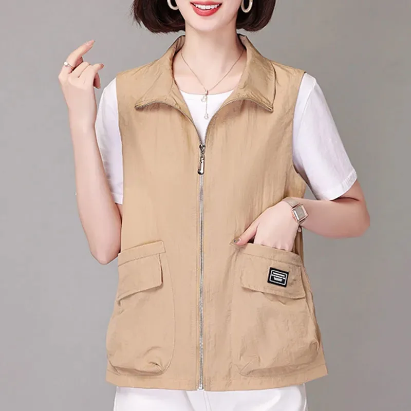 Light Breathable 2024 Summer New Vest Coat Female Fashion Western-Style Sun Protection Sleeveless Jacket Women Waistcoat Tops