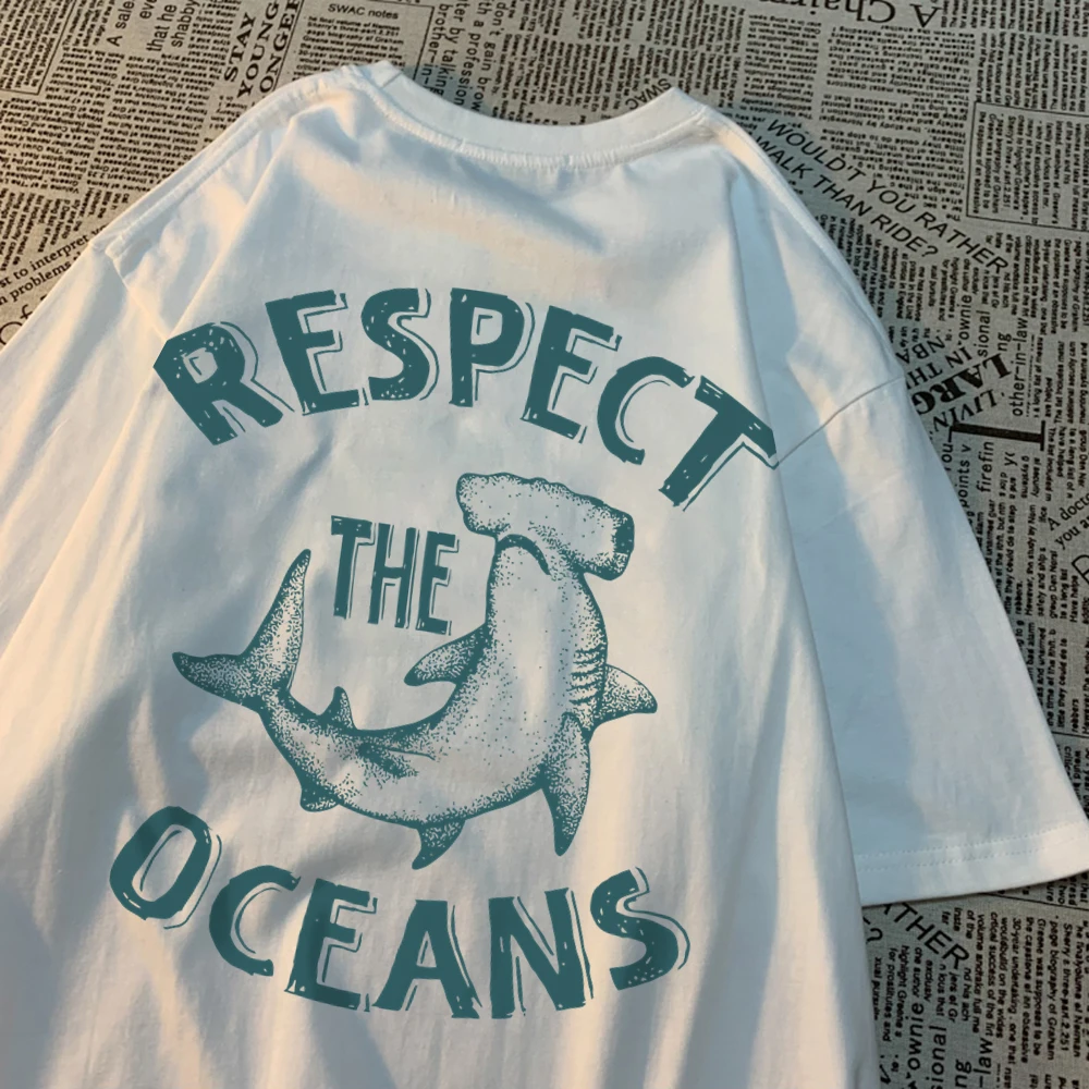 Respect The Oceans Print Men T Shirts Harajuku Loose Tee Clothes Anime Oversize New Menswear Fashion Cotton Men Women T Shirt