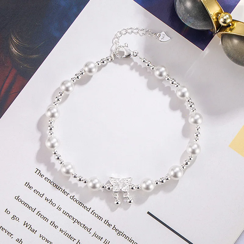 Sweet Romance Butterfly Round Bead Pearl Bracelet Exquisite Summer Fashion Jewelry Versatile Adjustable 925 Silver Bracelets