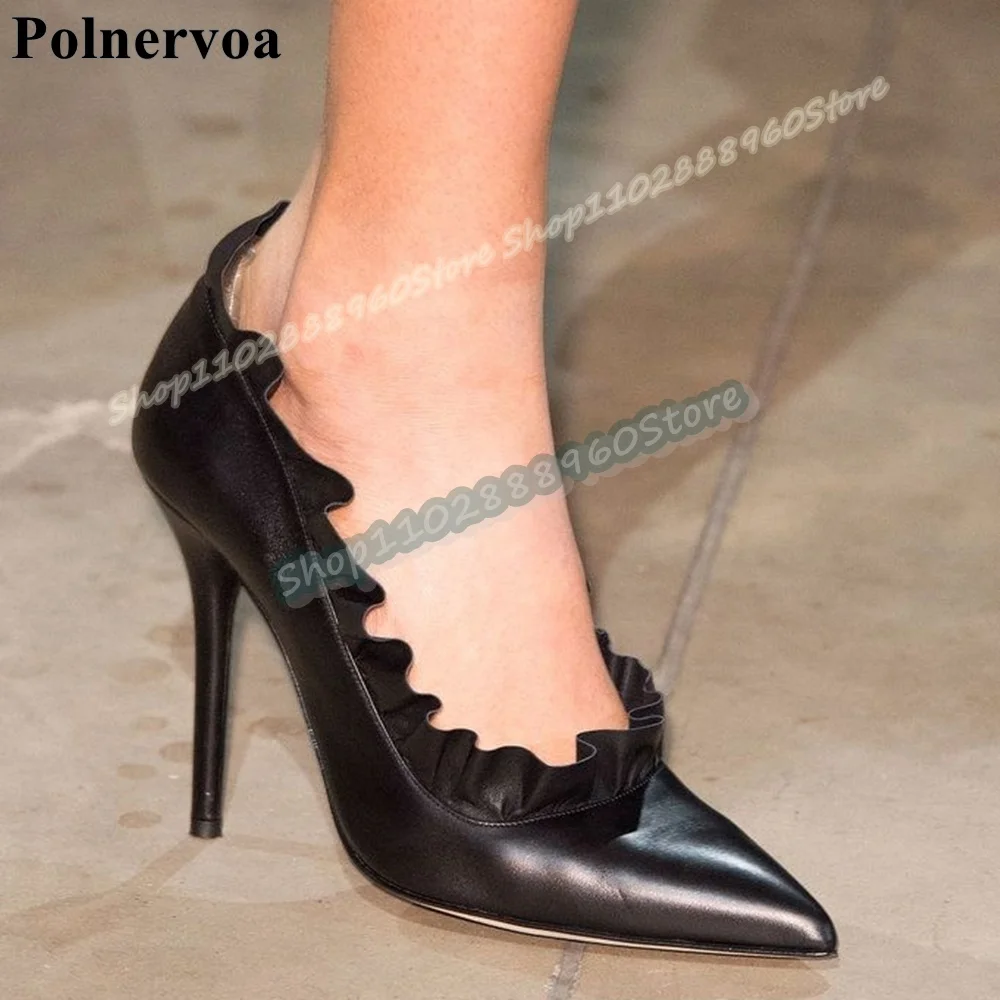 

Black Leather Shallow Ruffles Pointy Pumps Stilettos High Heel Shoes For Women Slip On Pointed Toe Catwalk Party Fashion Pumps