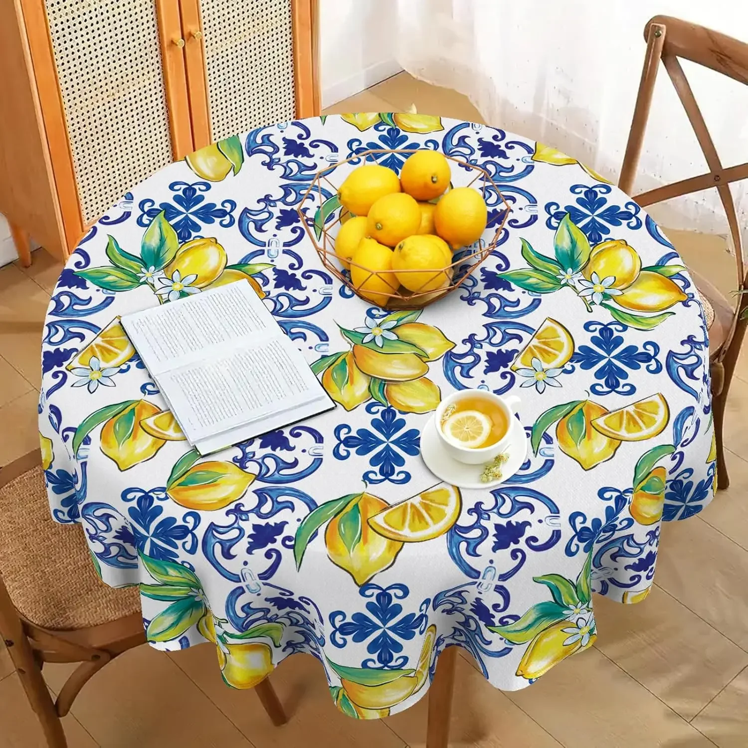 Blue Lemon Italy Tile Pattern Round Tablecloth Amalfi Coast Capri Citrus Decorative Dining Wavy Edging Washable Cover Party